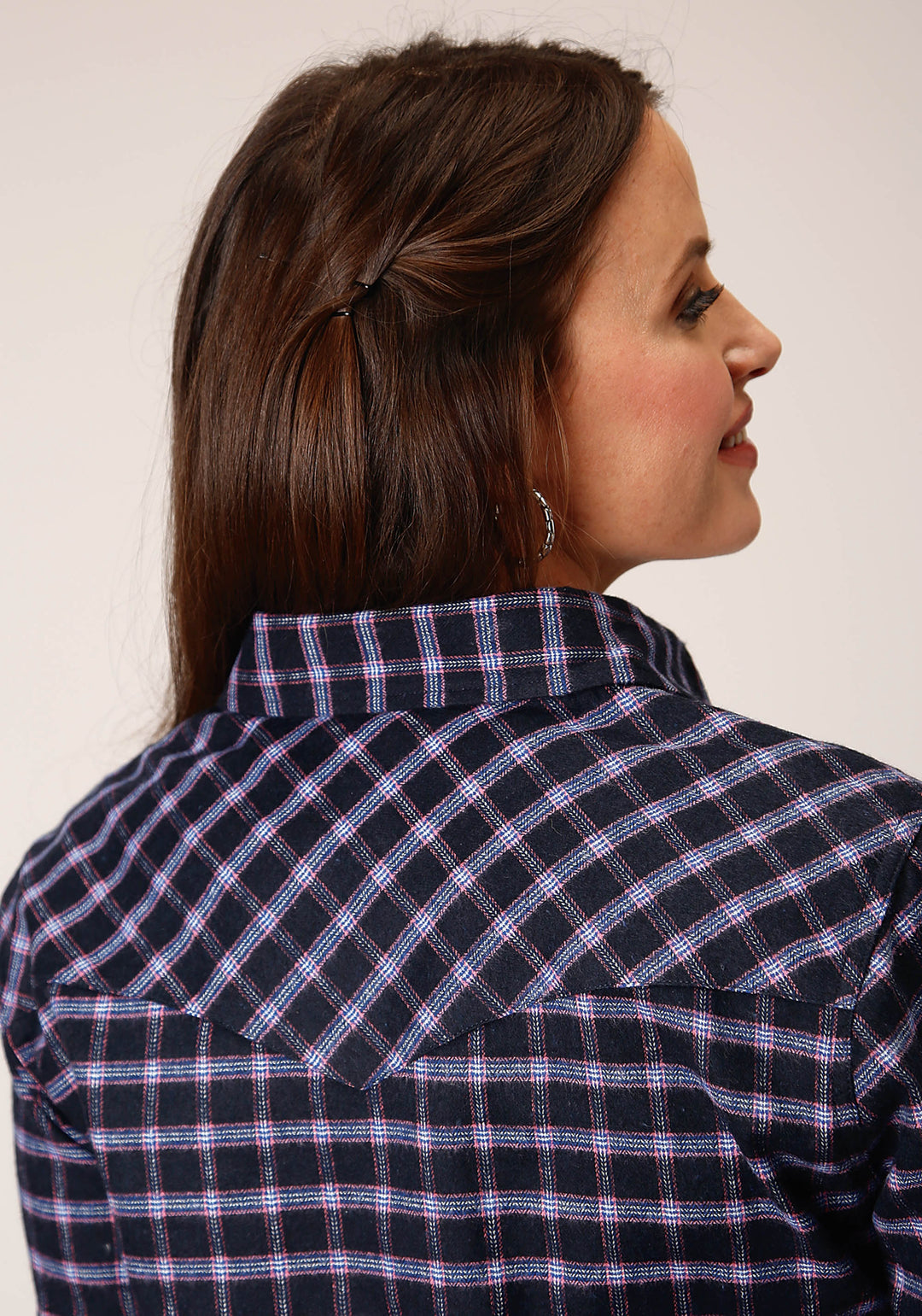 WOMENS LONG SLEEVE SNAP NAVY PINK WHITE PLAID UNLINED FLANNEL SHIRT WESTERN SHIRT