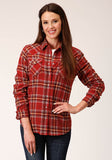 WOMENS LONG SLEEVE SNAP RUST WINE GOLD PLAID UNLINED FLANNEL SHIRT WESTERN SHIRT