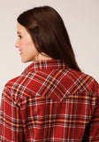 WOMENS LONG SLEEVE SNAP RUST WINE GOLD PLAID UNLINED FLANNEL SHIRT WESTERN SHIRT