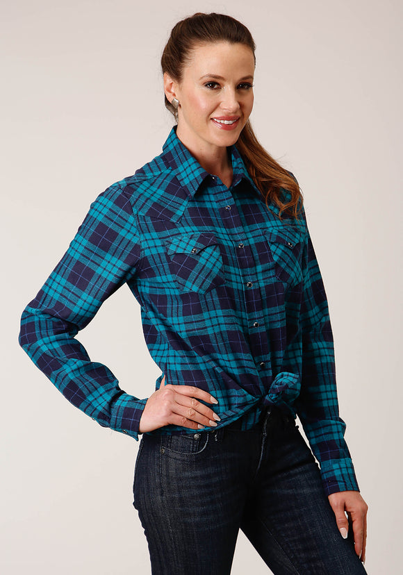 WOMENS LONG SLEEVE SNAP TURQUOISE NAVY PLAID UNLINED FLANNEL SHIRT WESTERN SHIRT