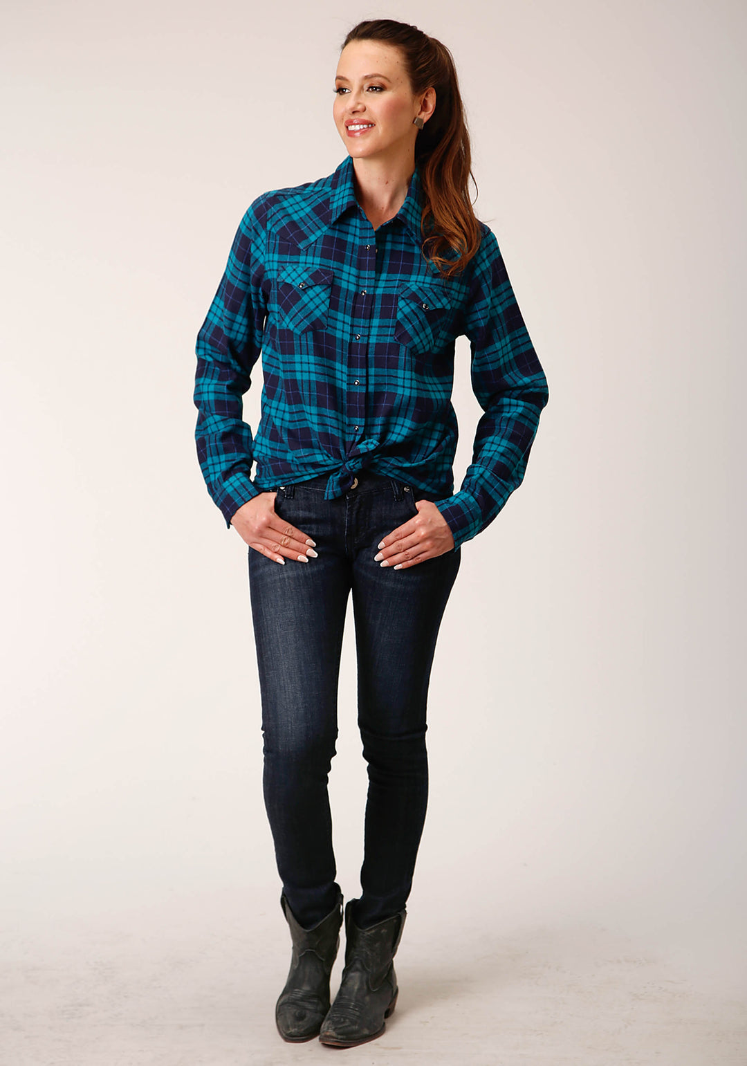 WOMENS LONG SLEEVE SNAP TURQUOISE NAVY PLAID UNLINED FLANNEL SHIRT WESTERN SHIRT