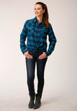 WOMENS LONG SLEEVE SNAP TURQUOISE NAVY PLAID UNLINED FLANNEL SHIRT WESTERN SHIRT