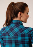 WOMENS LONG SLEEVE SNAP TURQUOISE NAVY PLAID UNLINED FLANNEL SHIRT WESTERN SHIRT