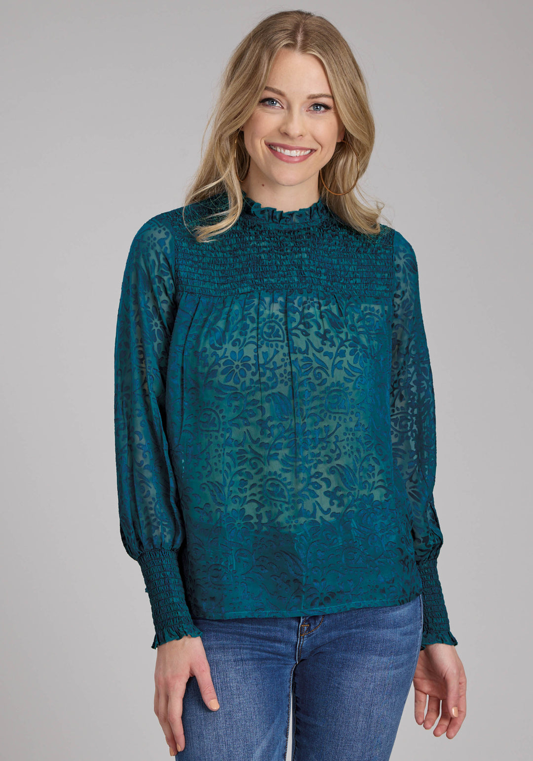 WOMENS POLY RAYON BURNOUT BRASSO BLOUSE LONG SLEEVE PULLOVER WESTERN SHIRT