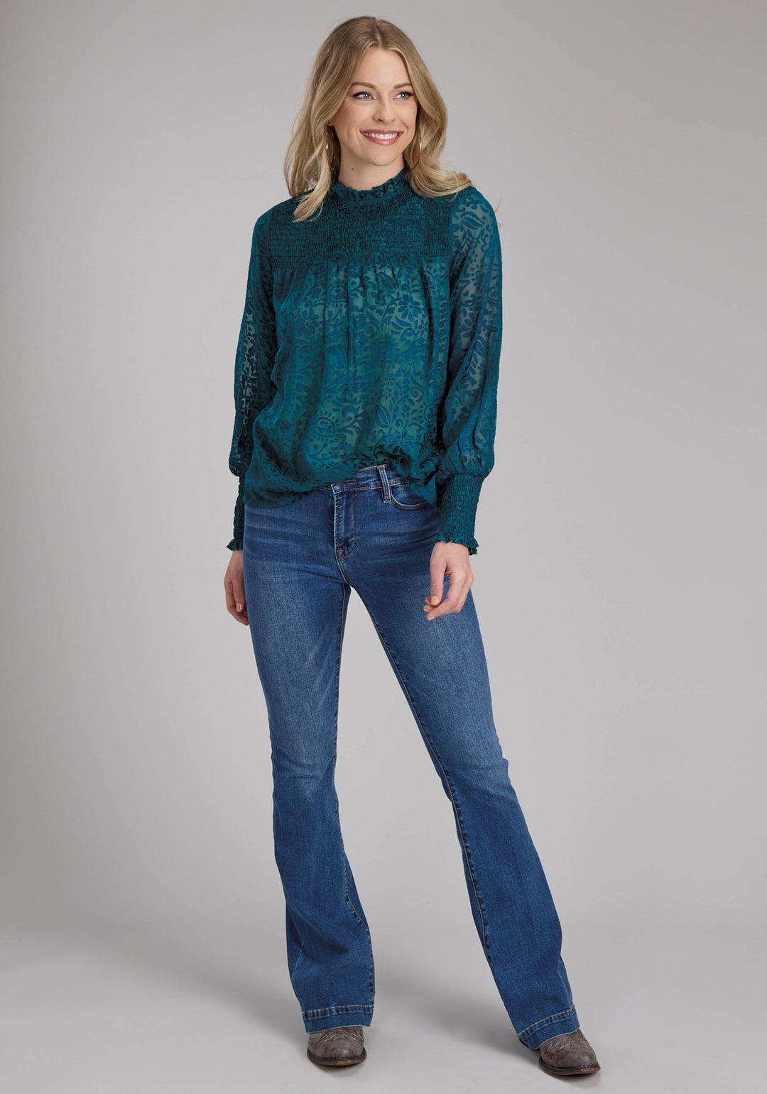 WOMENS POLY RAYON BURNOUT BRASSO BLOUSE LONG SLEEVE PULLOVER WESTERN SHIRT