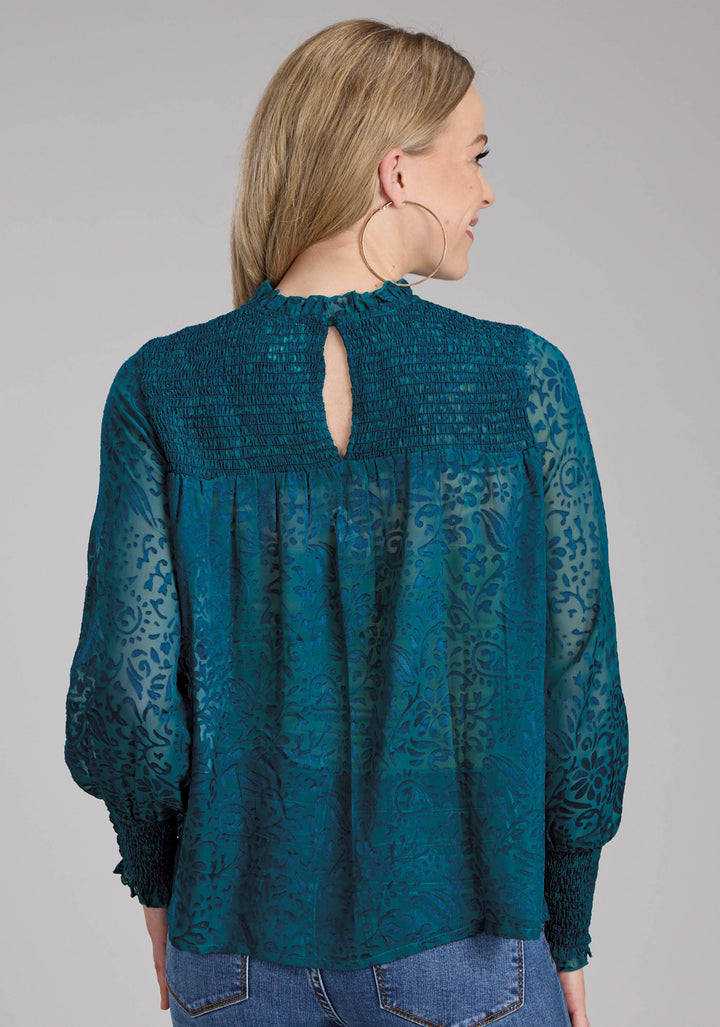 WOMENS POLY RAYON BURNOUT BRASSO BLOUSE LONG SLEEVE PULLOVER WESTERN SHIRT