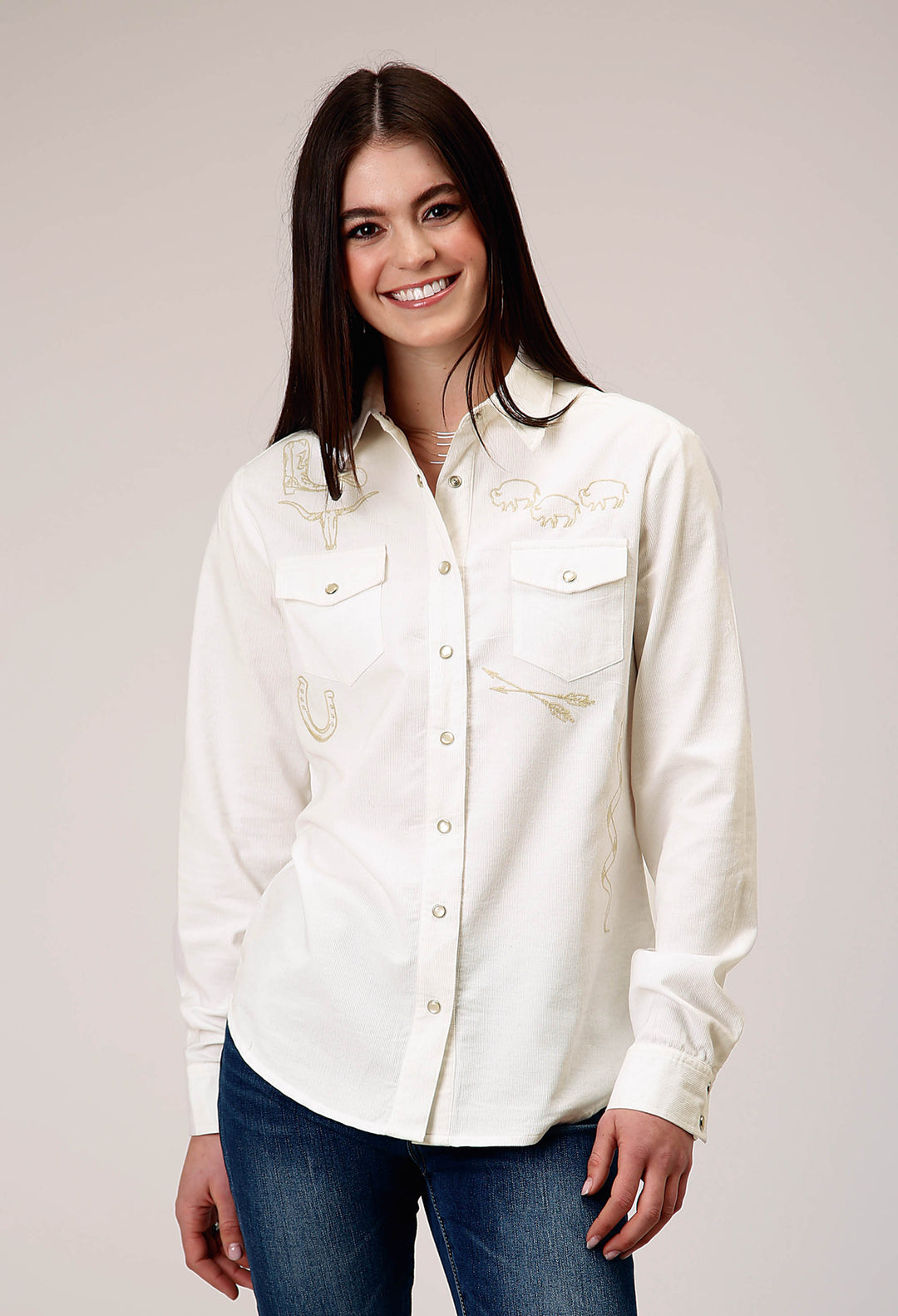 WOMENS LONG SLEEVE SNAP CREAM CORDUROY WESTERN BLOUSE WITH EMBROIDERY DECORATION