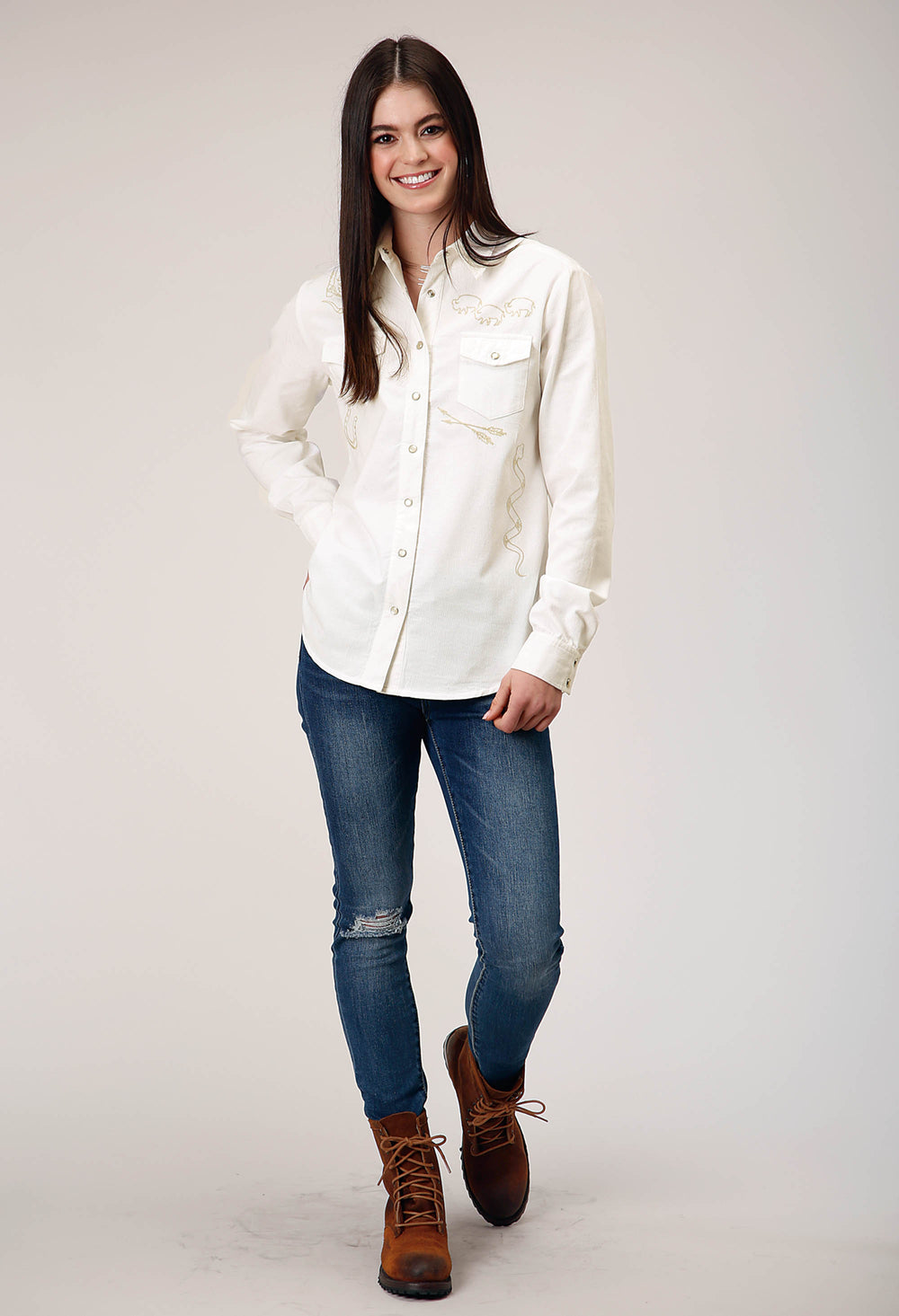 WOMENS LONG SLEEVE SNAP CREAM CORDUROY WESTERN BLOUSE WITH EMBROIDERY DECORATION