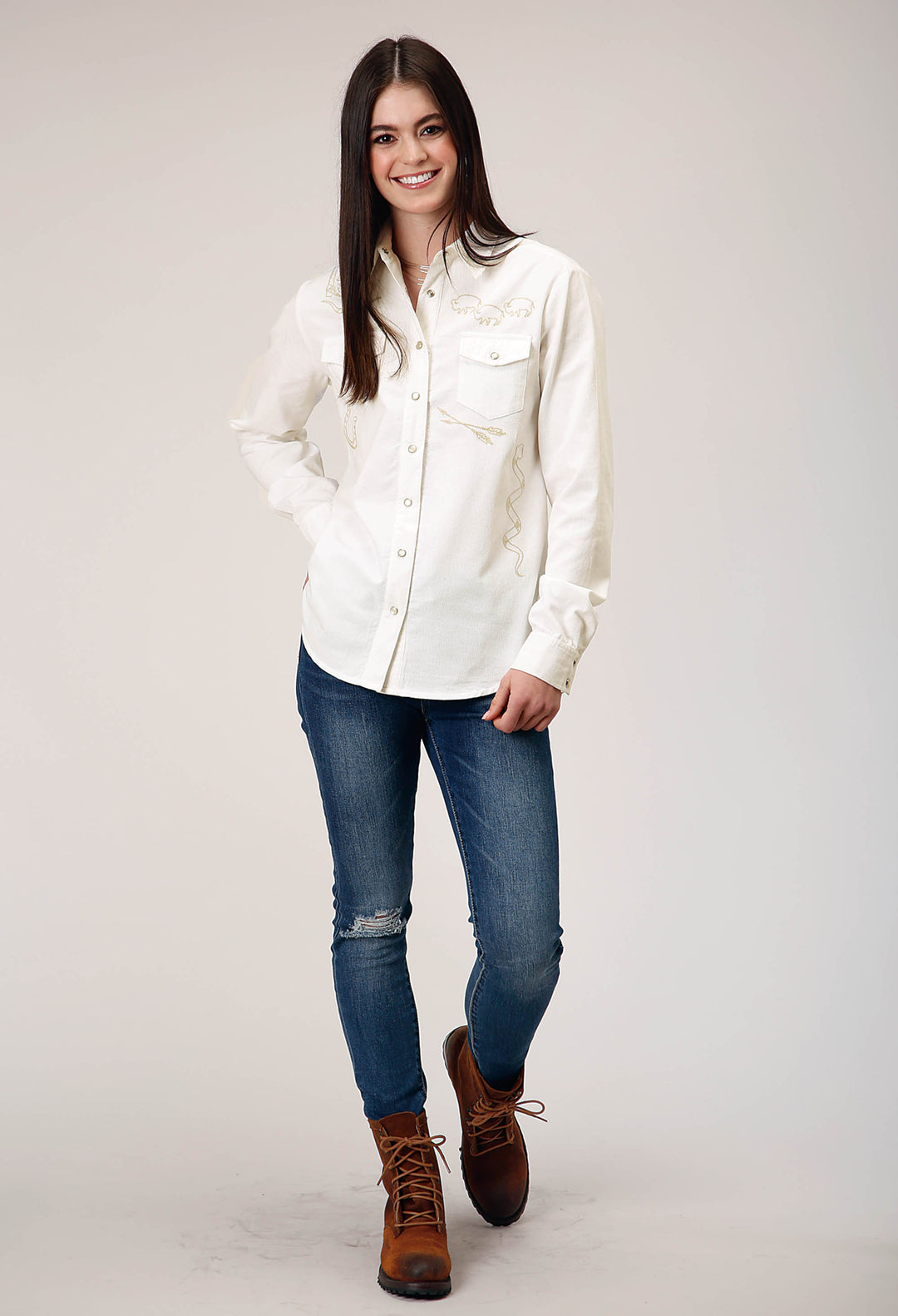 WOMENS LONG SLEEVE SNAP CREAM CORDUROY WESTERN BLOUSE WITH EMBROIDERY DECORATION