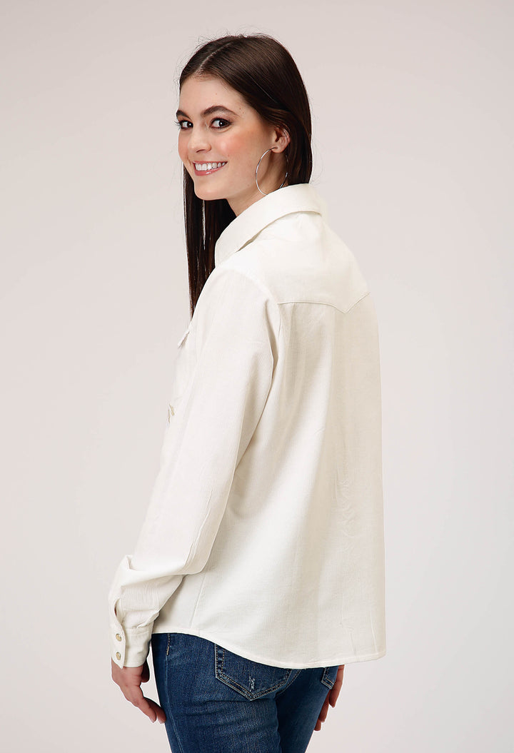 WOMENS LONG SLEEVE SNAP CREAM CORDUROY WESTERN BLOUSE WITH EMBROIDERY DECORATION