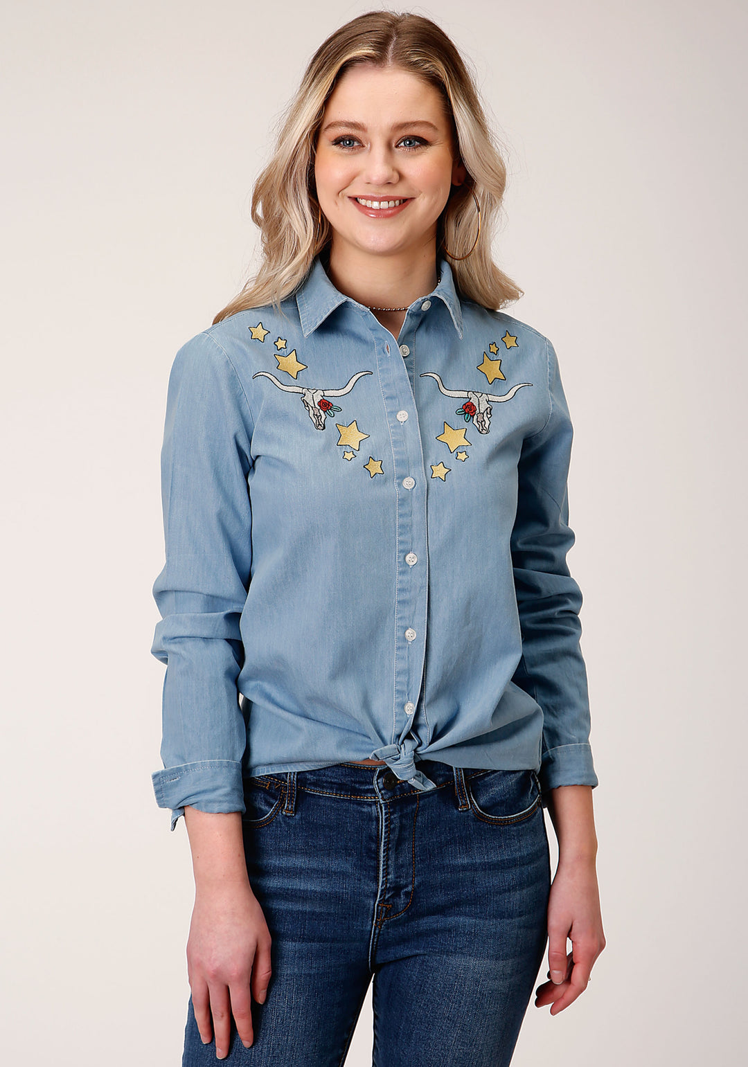 WOMENS LONG SLEEVE BUTTON LIGHT BLUE COTTON DENIM WESTERN SHIRT