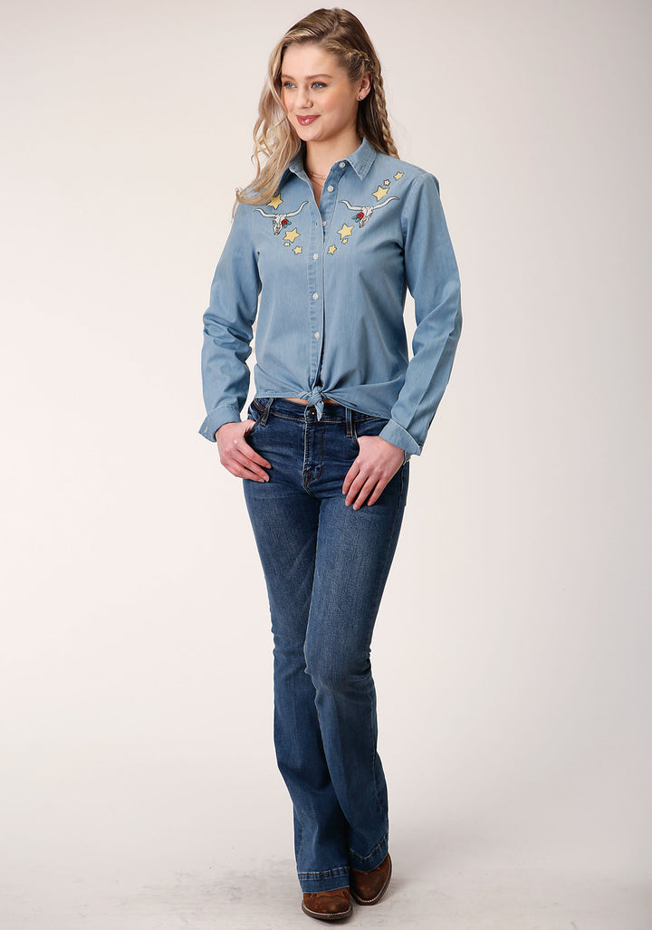 WOMENS LONG SLEEVE BUTTON LIGHT BLUE COTTON DENIM WESTERN SHIRT