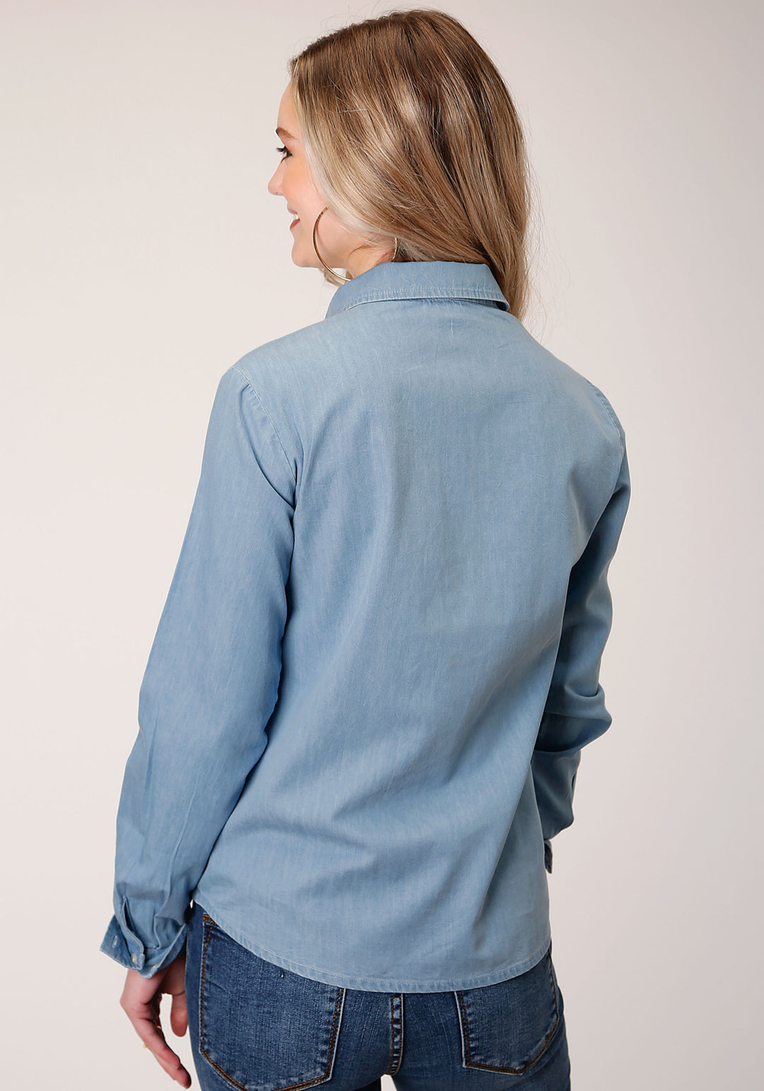 WOMENS LONG SLEEVE BUTTON LIGHT BLUE COTTON DENIM WESTERN SHIRT