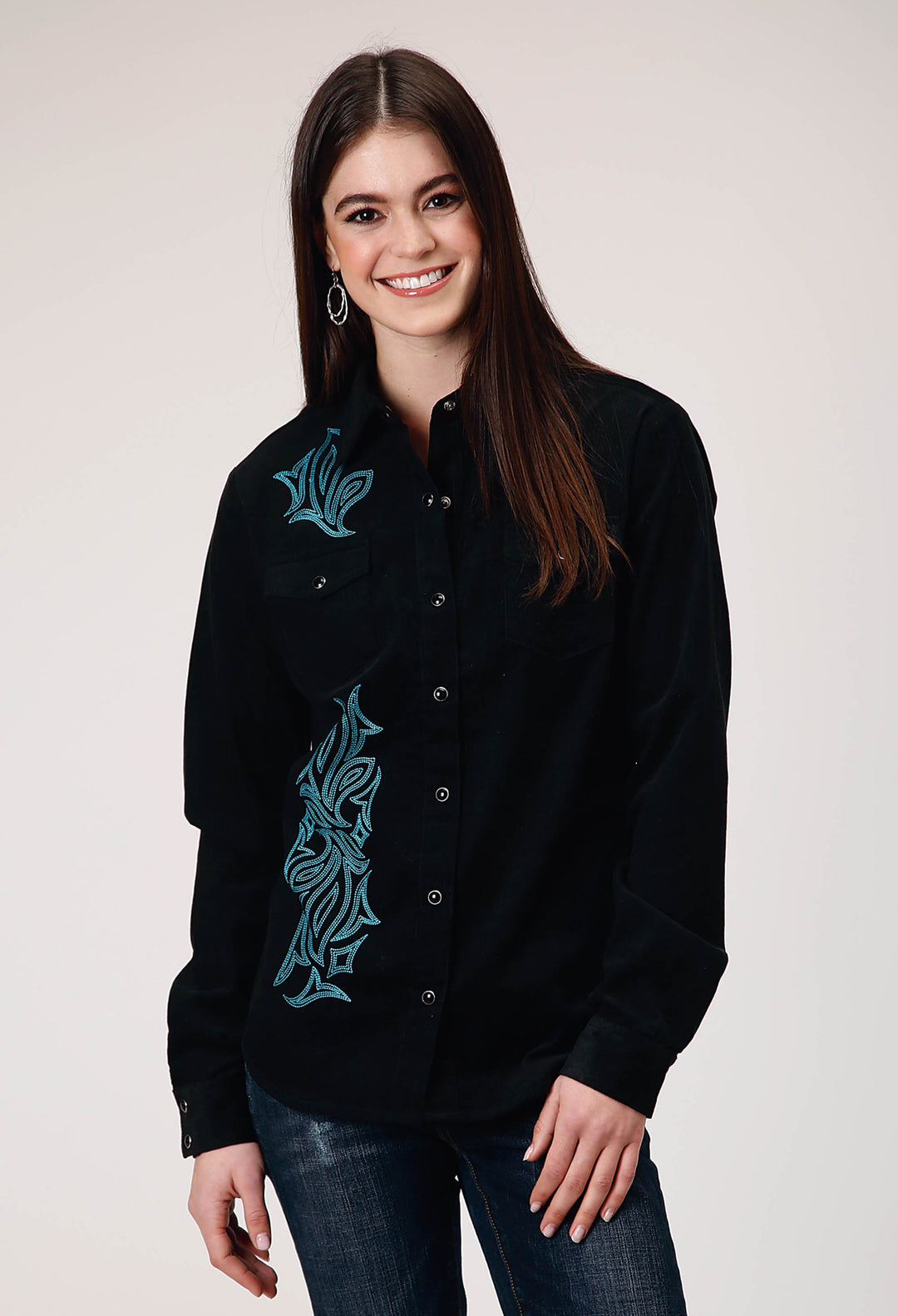 WOMENS LONG SLEEVE SNAP JET BLACK CORDUROY WESTERN BLOUSE WITH EMBROIDERY DECORATION