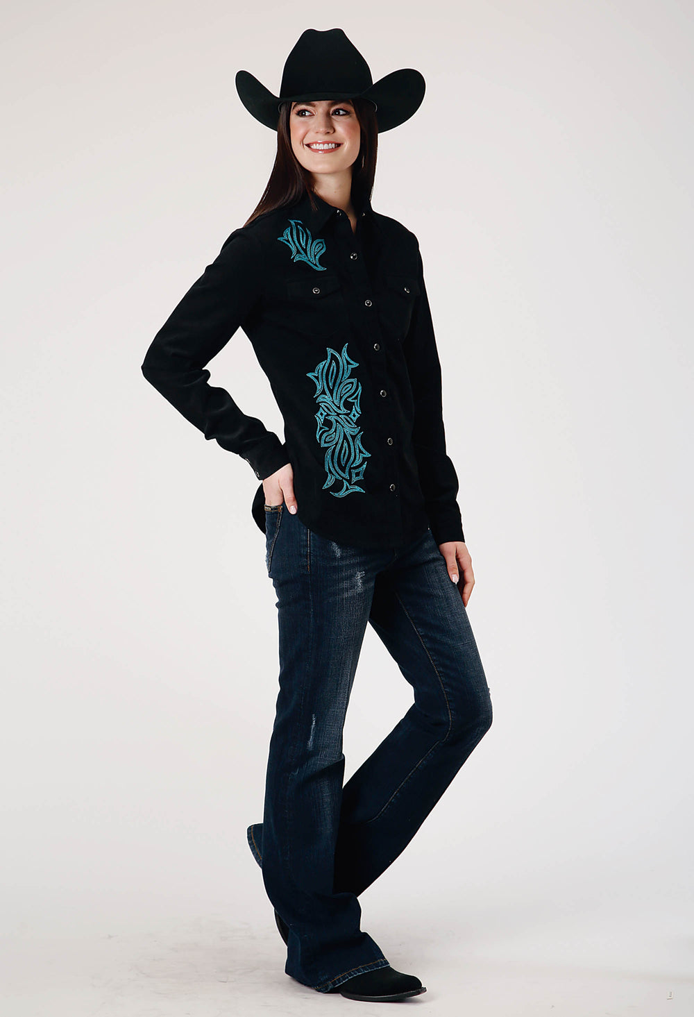 WOMENS LONG SLEEVE SNAP JET BLACK CORDUROY WESTERN BLOUSE WITH EMBROIDERY DECORATION