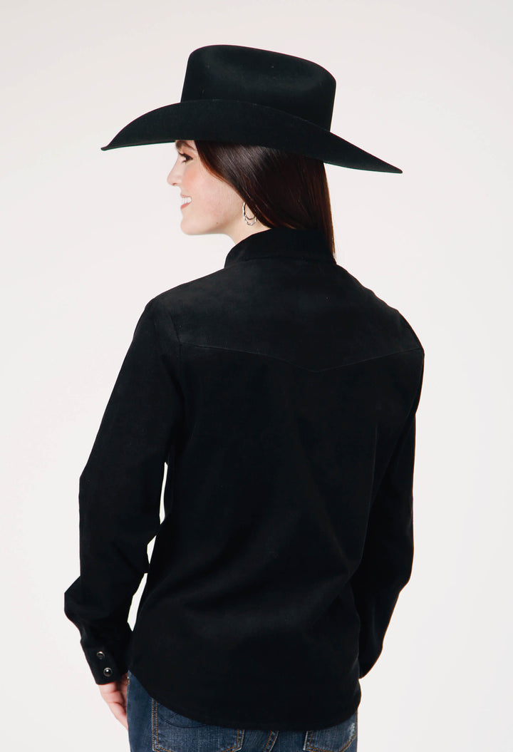 WOMENS LONG SLEEVE SNAP JET BLACK CORDUROY WESTERN BLOUSE WITH EMBROIDERY DECORATION