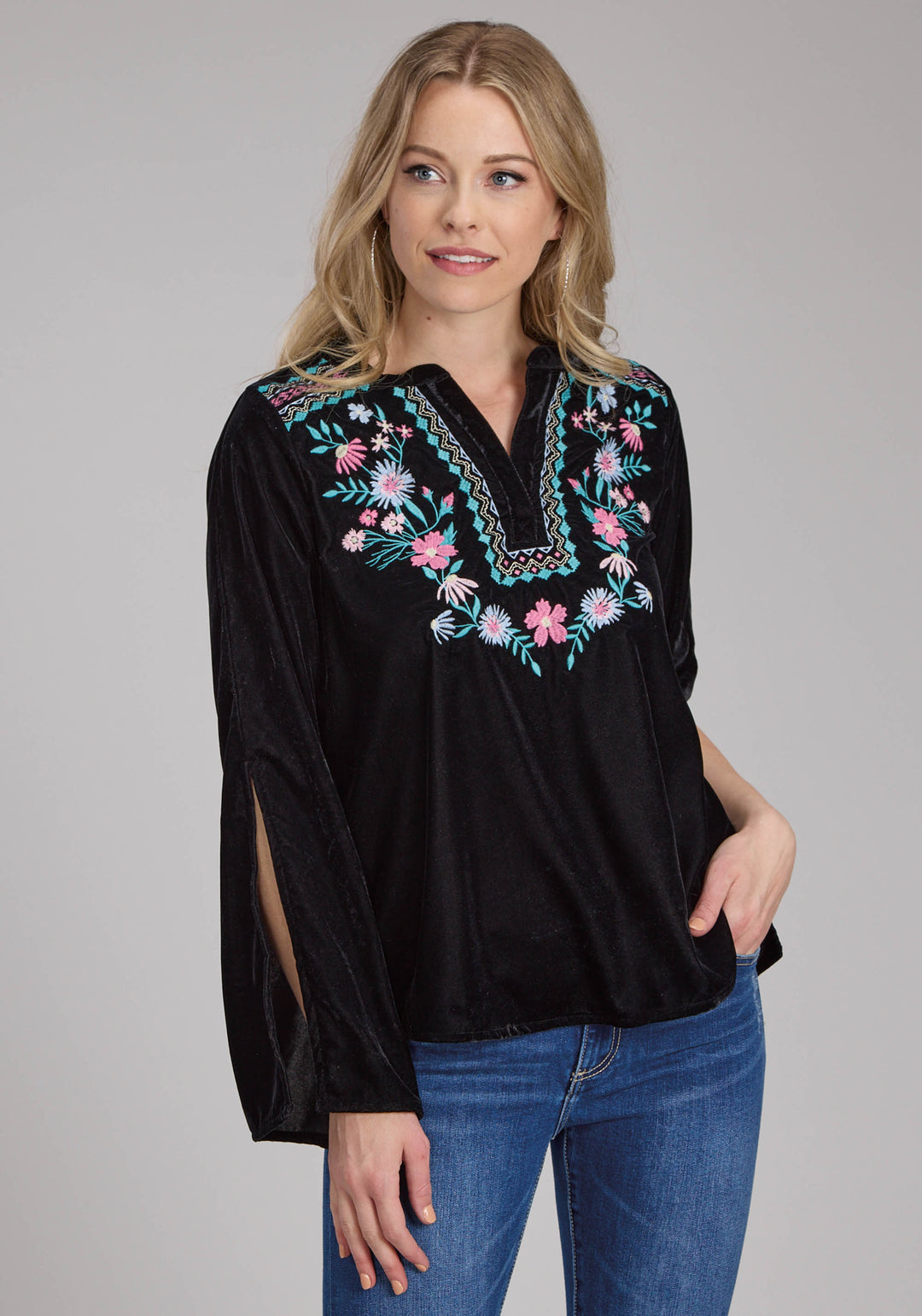 WOMENS POLY VELVET PEASANT BLOUSE LONG SLEEVE PULLOVER WESTERN SHIRT
