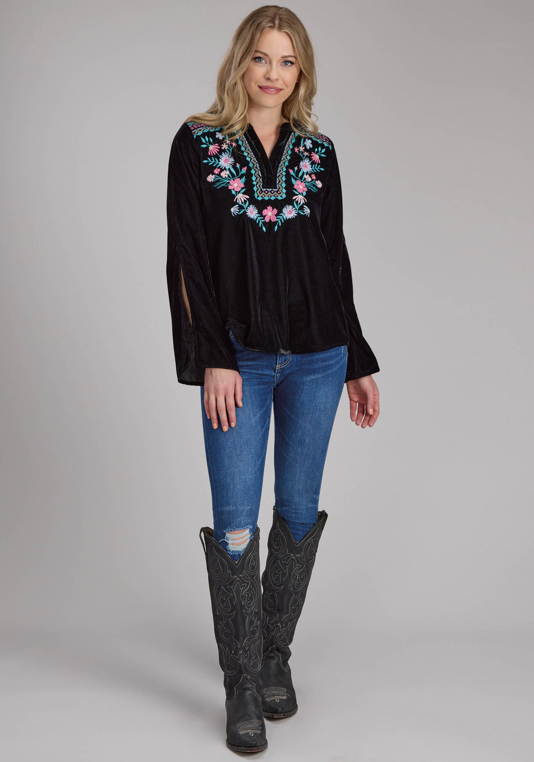 WOMENS POLY VELVET PEASANT BLOUSE LONG SLEEVE PULLOVER WESTERN SHIRT