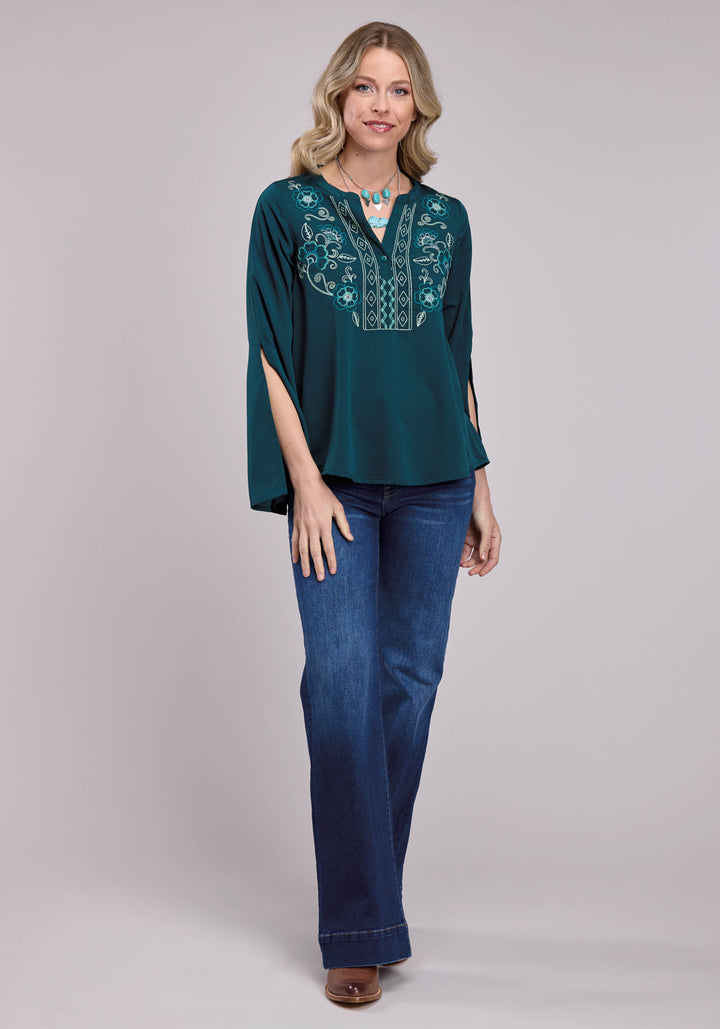 WOMENS LONG SLEEVE BUTTON TEAL POLY CREPE TUNIC W/ BAND CLLR WESTERN SHIRT