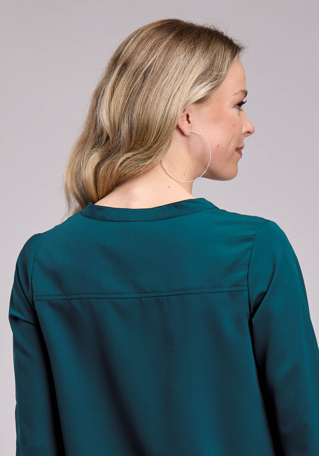 WOMENS LONG SLEEVE BUTTON TEAL POLY CREPE TUNIC W/ BAND CLLR WESTERN SHIRT