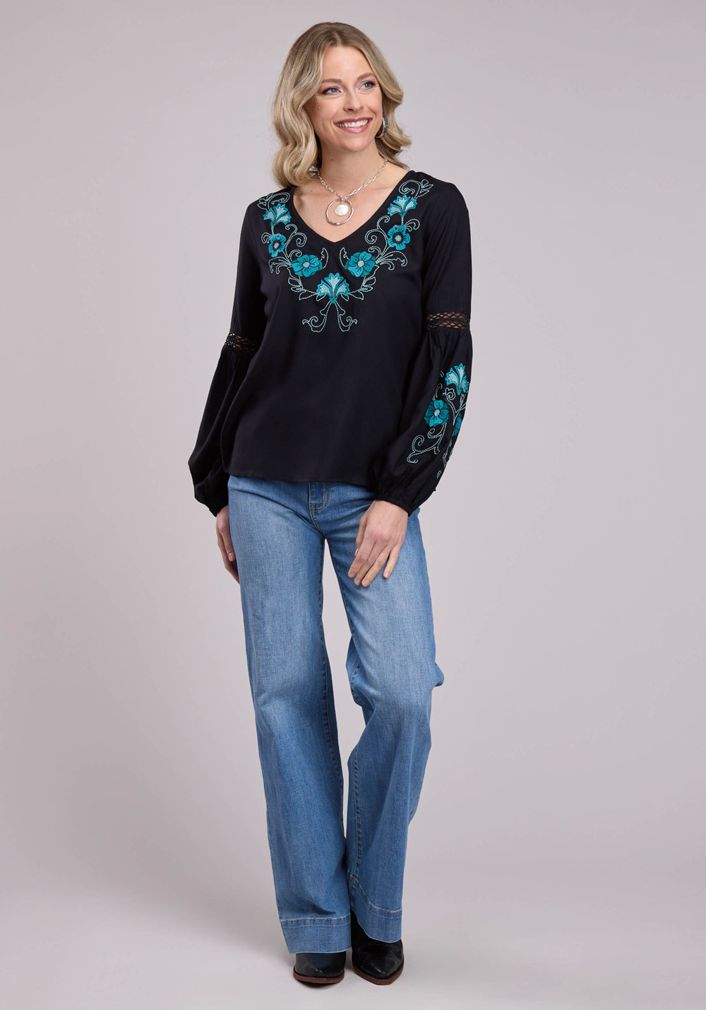 WOMENS LONG SLEEVE PULLOVER BLACK RAYON CHALLIS BLOUSE WESTERN SHIRT