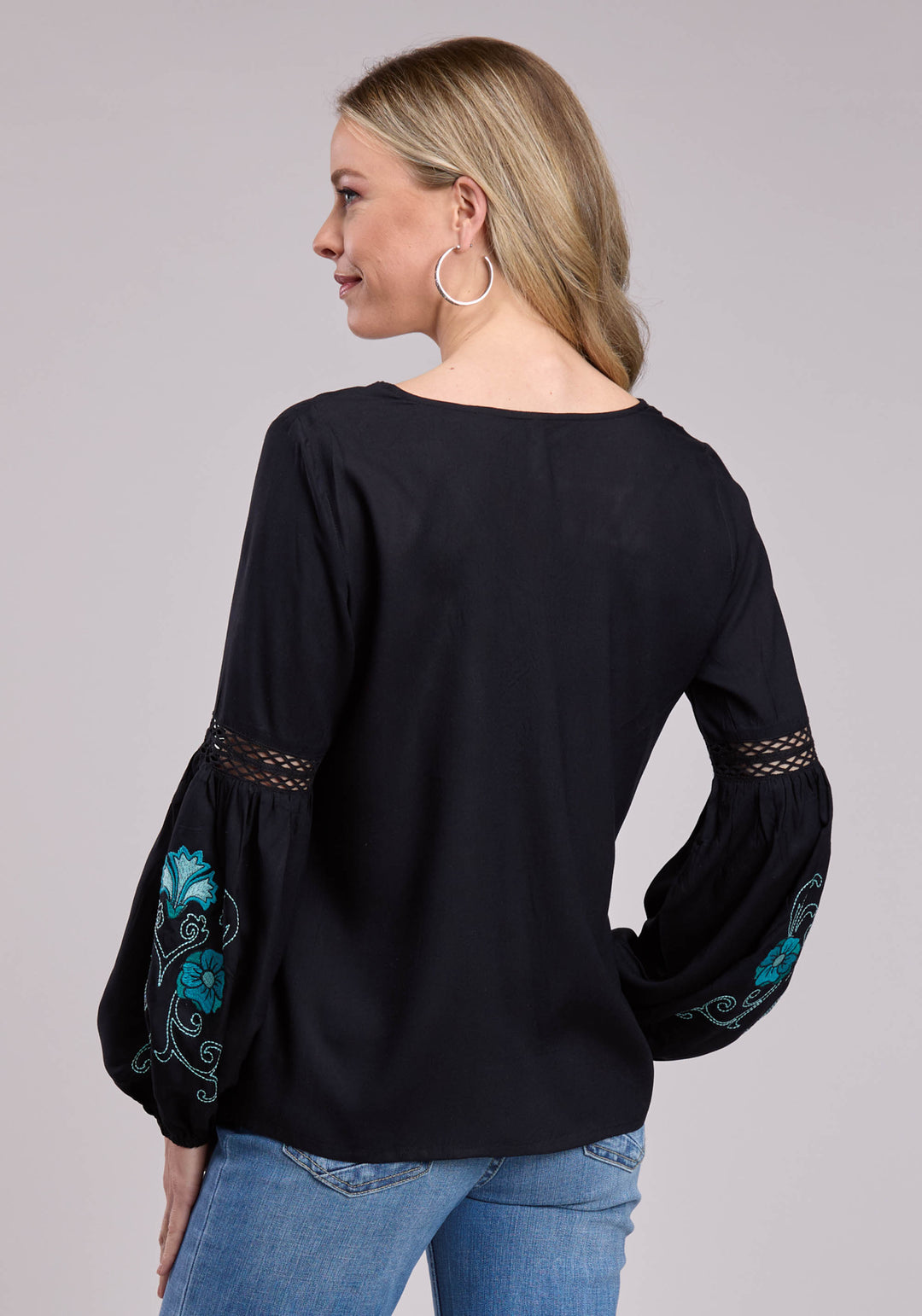 WOMENS LONG SLEEVE PULLOVER BLACK RAYON CHALLIS BLOUSE WESTERN SHIRT