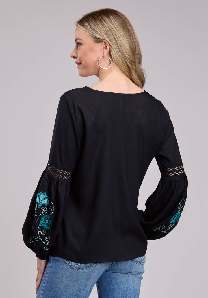 WOMENS LONG SLEEVE PULLOVER BLACK RAYON CHALLIS BLOUSE WESTERN SHIRT
