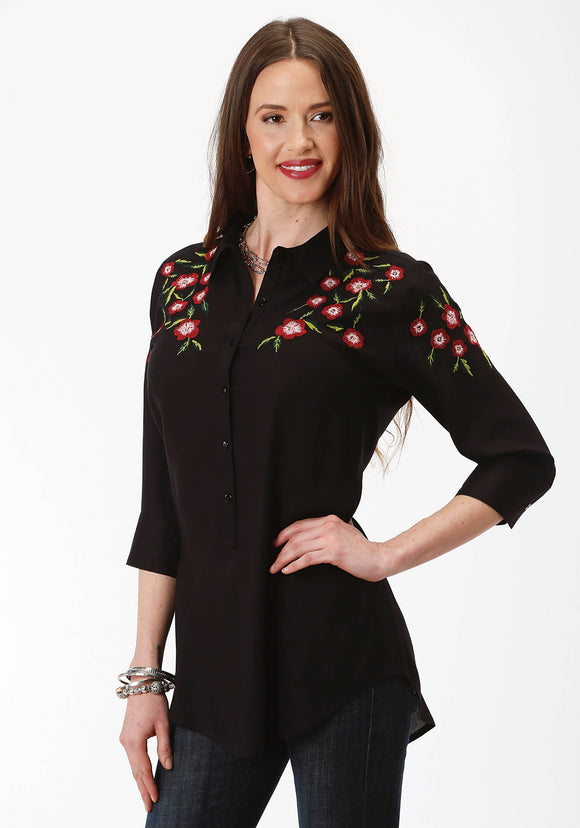 WOMENS SOLID BLACK WITH FLORAL EMBROIDERY LONG SLEEVE WESTERN SHIRT
