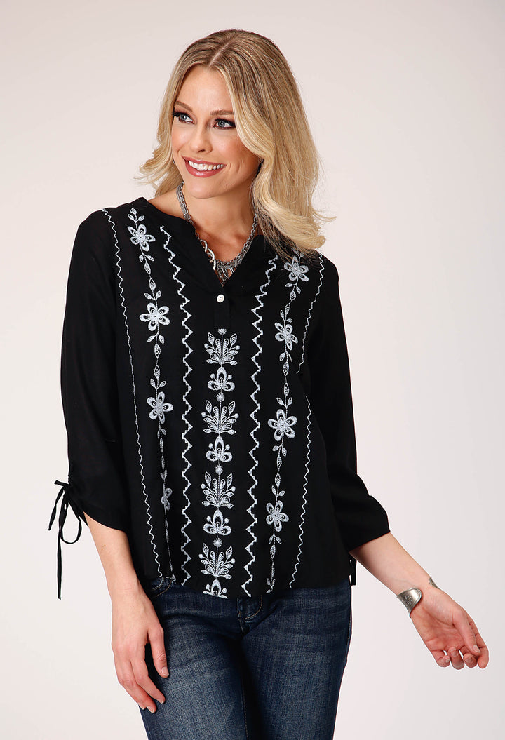 WOMENS LONG SLEEVE PULLOVER RAYON CHALLIS V NECK BLOUSE WESTERN SHIRT WITH EMBROIDERY DECORATION