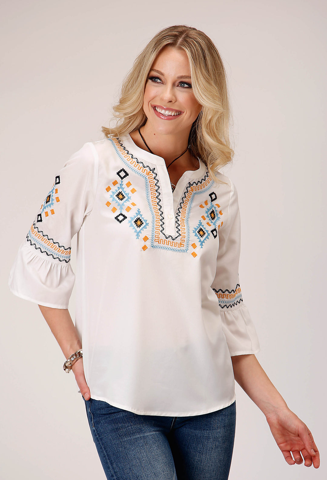 WOMENS LONG SLEEVE PULLOVER POLY CREPE V NECK PEASANT WESTERN BLOUSE WITH THREE QUARTER BELL SLEEVES EMBROIDERY