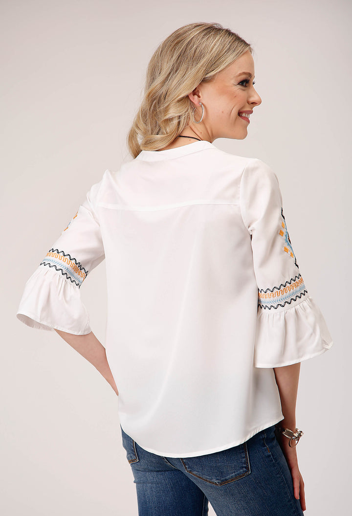 WOMENS LONG SLEEVE PULLOVER POLY CREPE V NECK PEASANT WESTERN BLOUSE WITH THREE QUARTER BELL SLEEVES EMBROIDERY