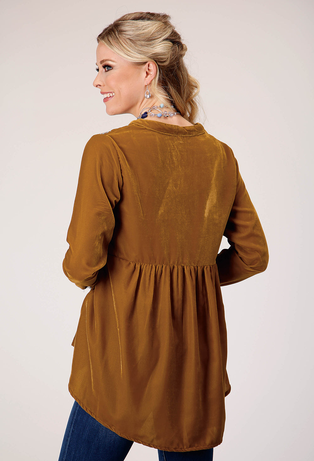 WOMENS LONG SLEEVE PULLOVER POLY VELVET V NECK TUNIC WESTERN SHIRT WITH EMBROIDERY