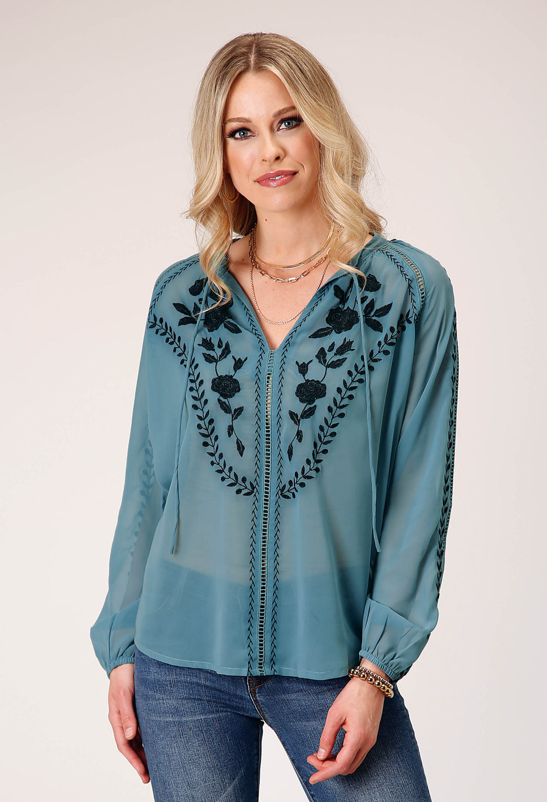 WOMENS LONG SLEEVE PULLOVER POLY GEORGETTE PEASANT WESTERN BLOUSE WITH STAND COLLAR WITH SELFRONT TIE EMBROIDERY
