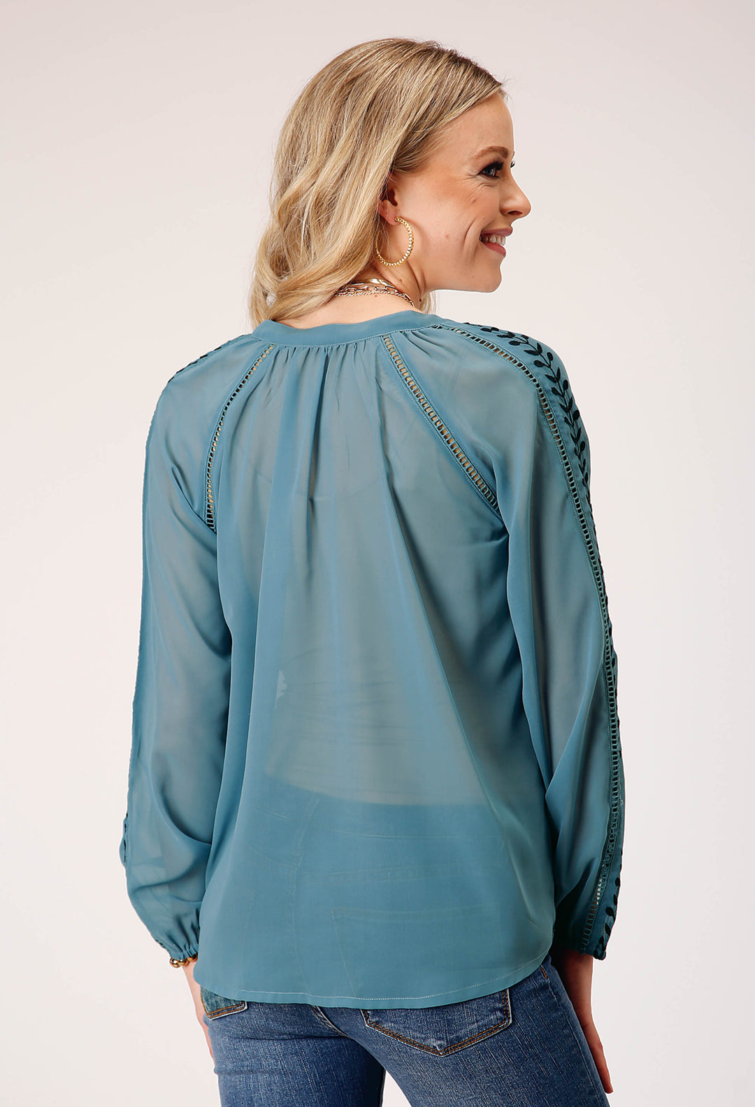 WOMENS LONG SLEEVE PULLOVER POLY GEORGETTE PEASANT WESTERN BLOUSE WITH STAND COLLAR WITH SELFRONT TIE EMBROIDERY