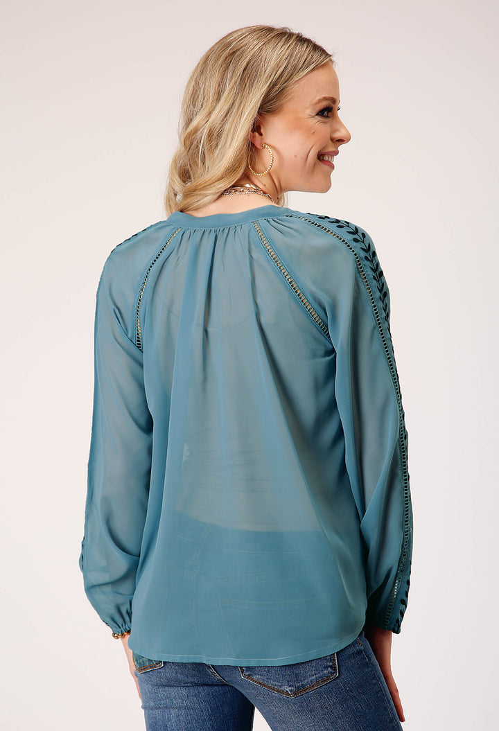 WOMENS LONG SLEEVE PULLOVER POLY GEORGETTE PEASANT WESTERN BLOUSE WITH STAND COLLAR WITH SELFRONT TIE EMBROIDERY