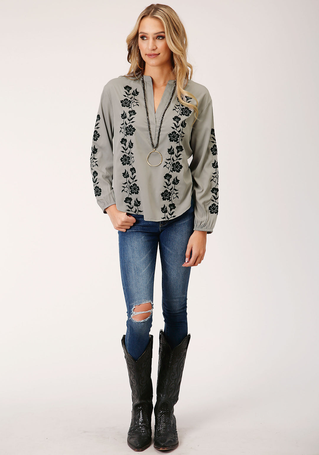 WOMENS LONG SLEEVE POLY CREPE VNECK PLACKET BLOUSE