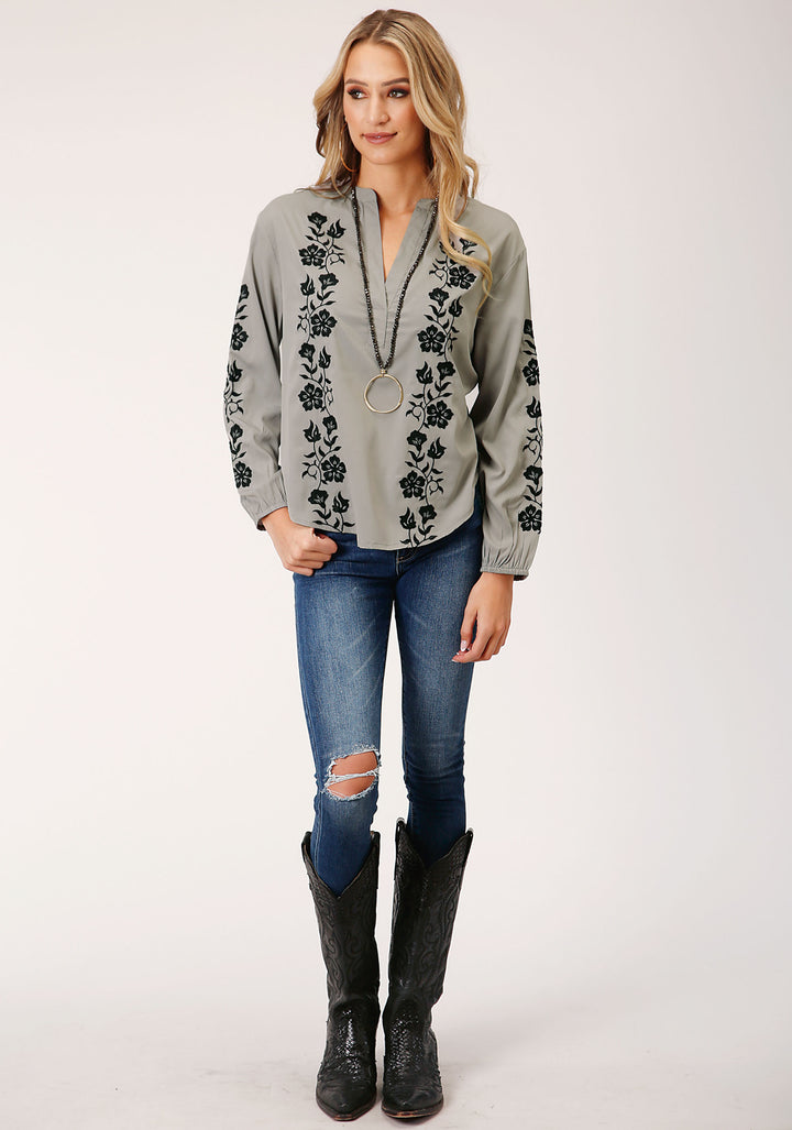 WOMENS LONG SLEEVE POLY CREPE VNECK PLACKET BLOUSE