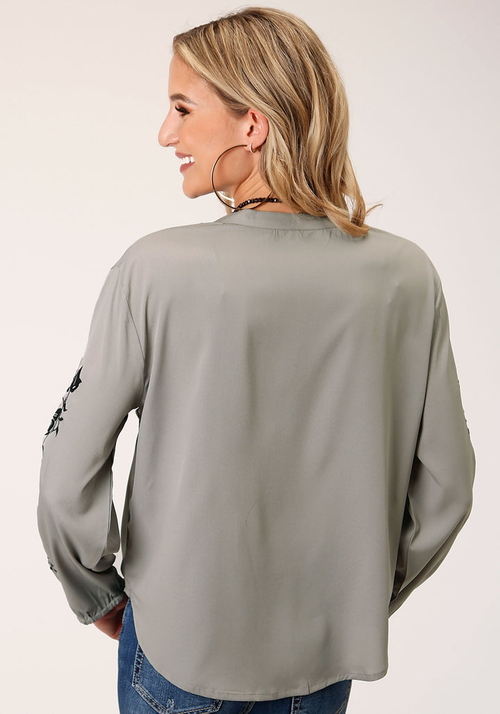 WOMENS LONG SLEEVE POLY CREPE VNECK PLACKET BLOUSE