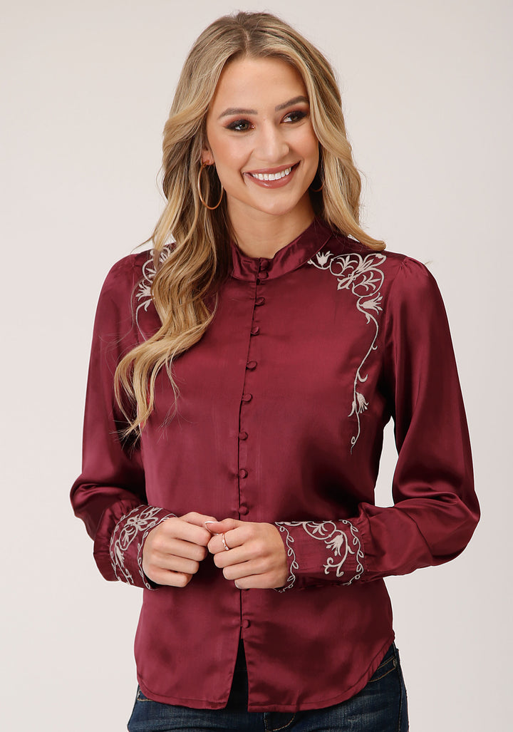 WOMENS LONG SLEEVE WINE POLY SATIN BTN FRT  BLOUSE