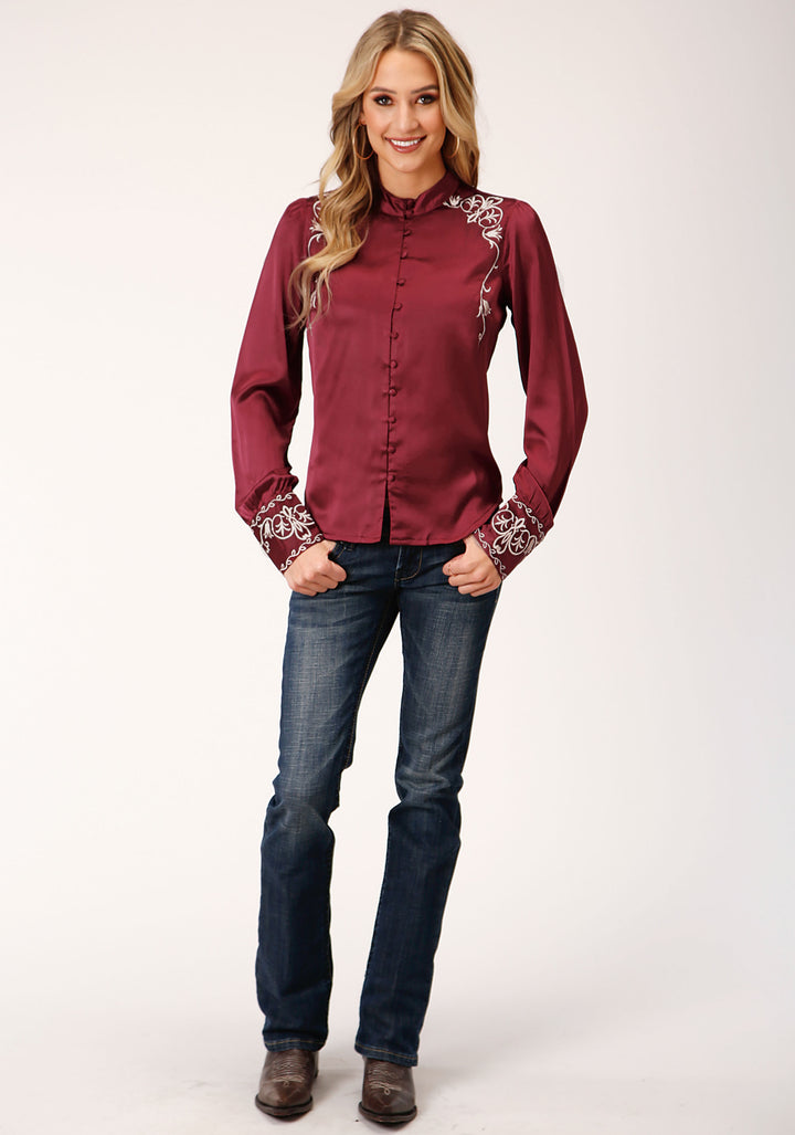 WOMENS LONG SLEEVE WINE POLY SATIN BTN FRT  BLOUSE