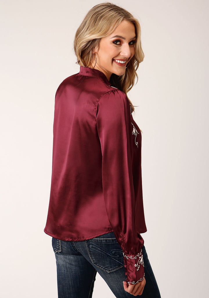 WOMENS LONG SLEEVE WINE POLY SATIN BTN FRT  BLOUSE
