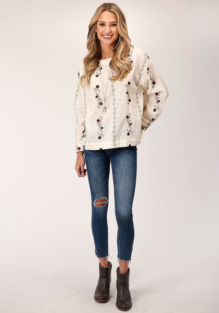 WOMENS LONG SLEEVE COTTON SLUB BOAT NECK  BLOUSE