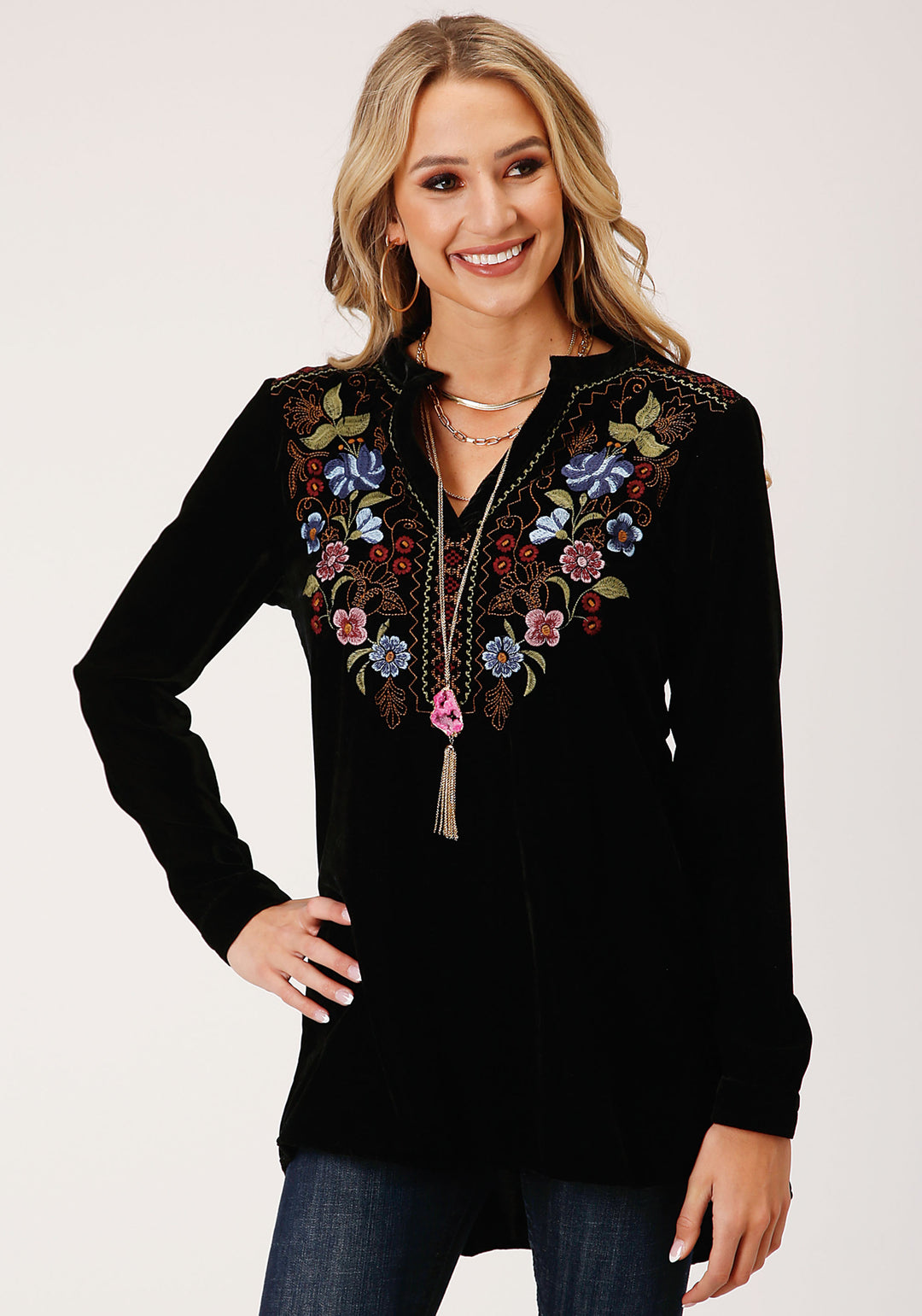 WOMENS LONG SLEEVE BLACK VELVET TUNIC TOP BLOUSE