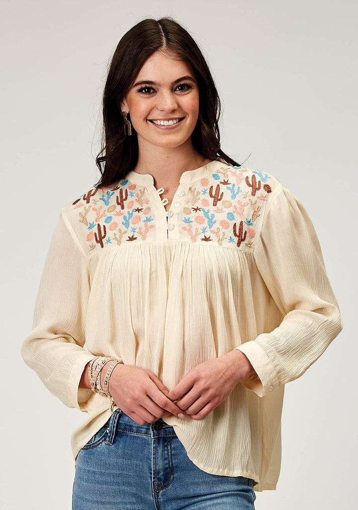 WOMENS LONG SLEEVE PULLOVER RAYON CREPE WESTERN BLOUSE WITH EMBROIDERY ON YOKES