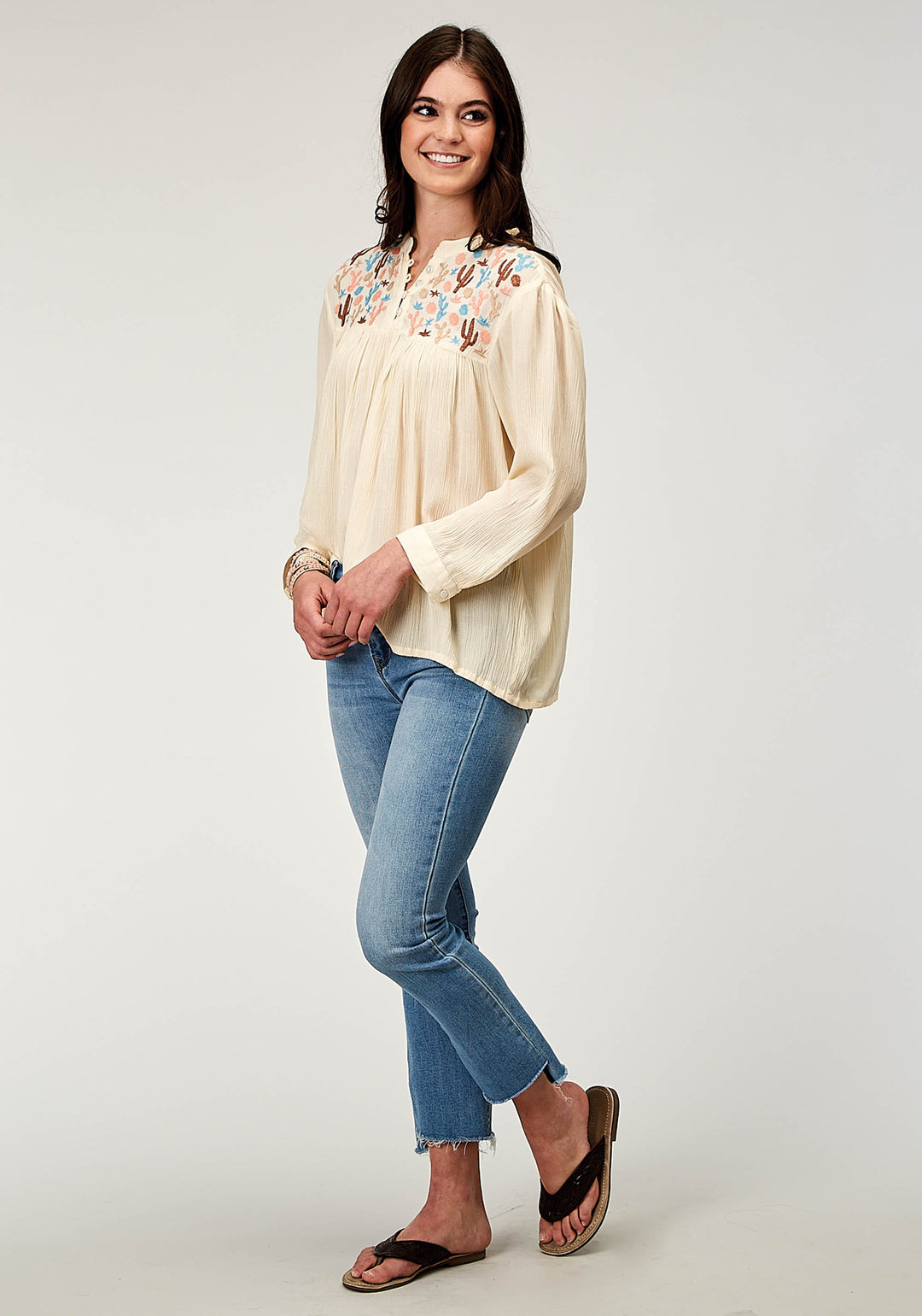 WOMENS LONG SLEEVE PULLOVER RAYON CREPE WESTERN BLOUSE WITH EMBROIDERY ON YOKES