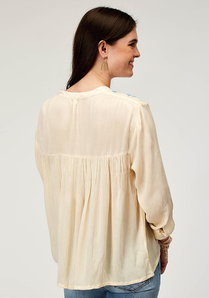 WOMENS LONG SLEEVE PULLOVER RAYON CREPE WESTERN BLOUSE WITH EMBROIDERY ON YOKES