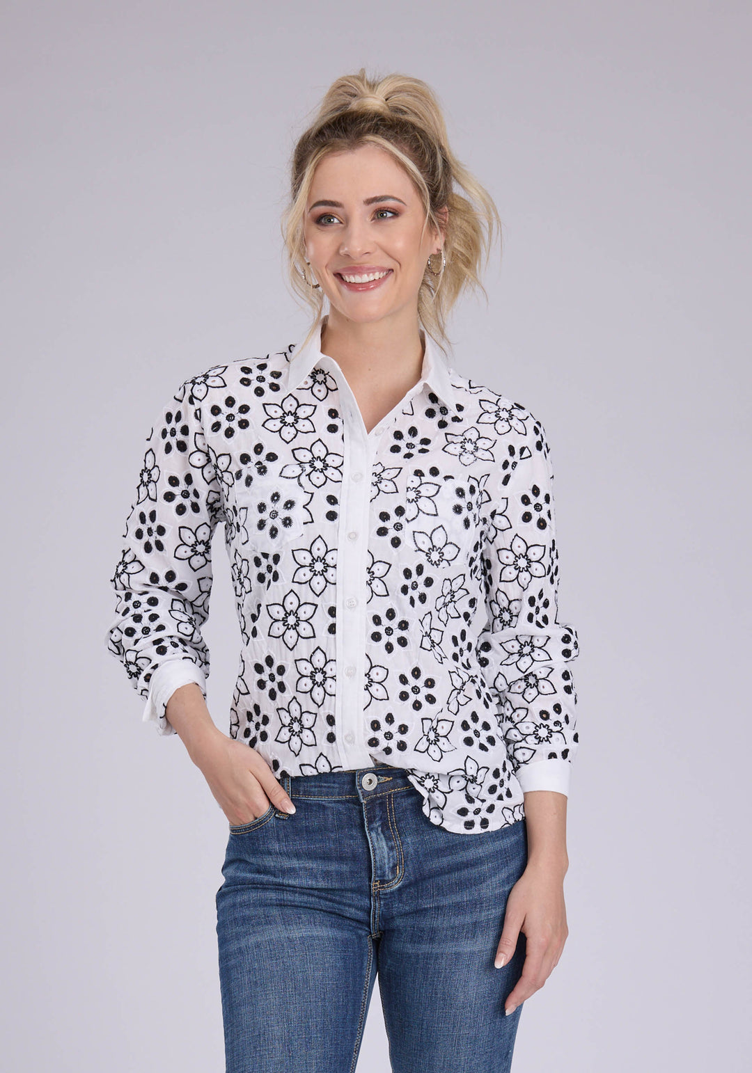 WOMENS BLACK AND WHITE EYELET SHIRT LONG SLEEVE BUTTON WESTERN SHIRT