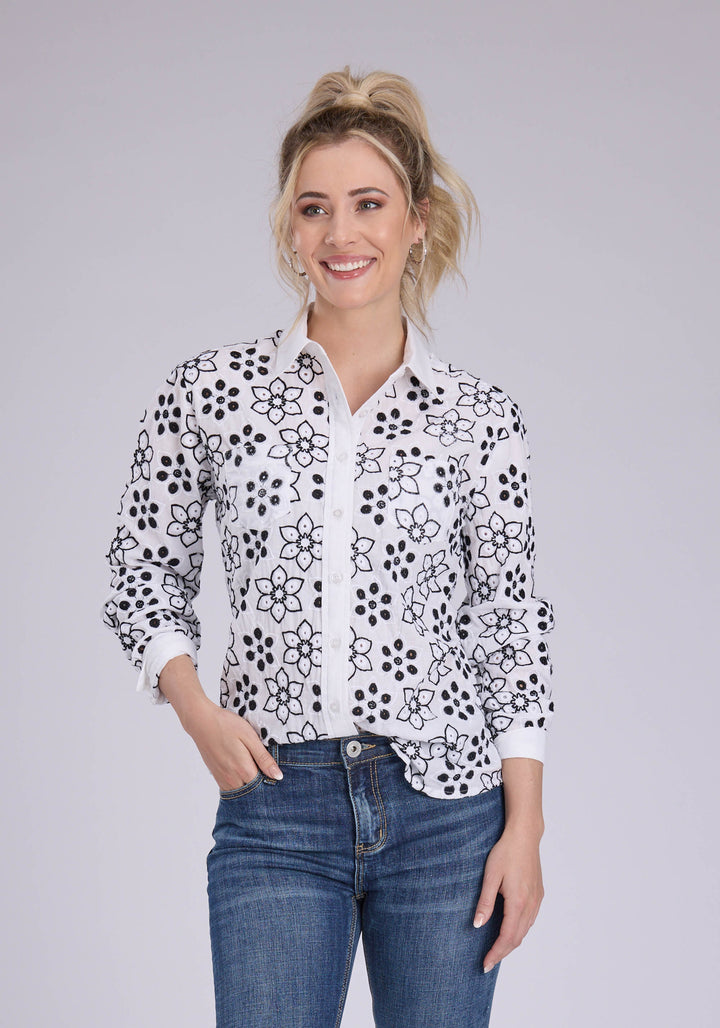 WOMENS BLACK AND WHITE EYELET SHIRT LONG SLEEVE BUTTON WESTERN SHIRT