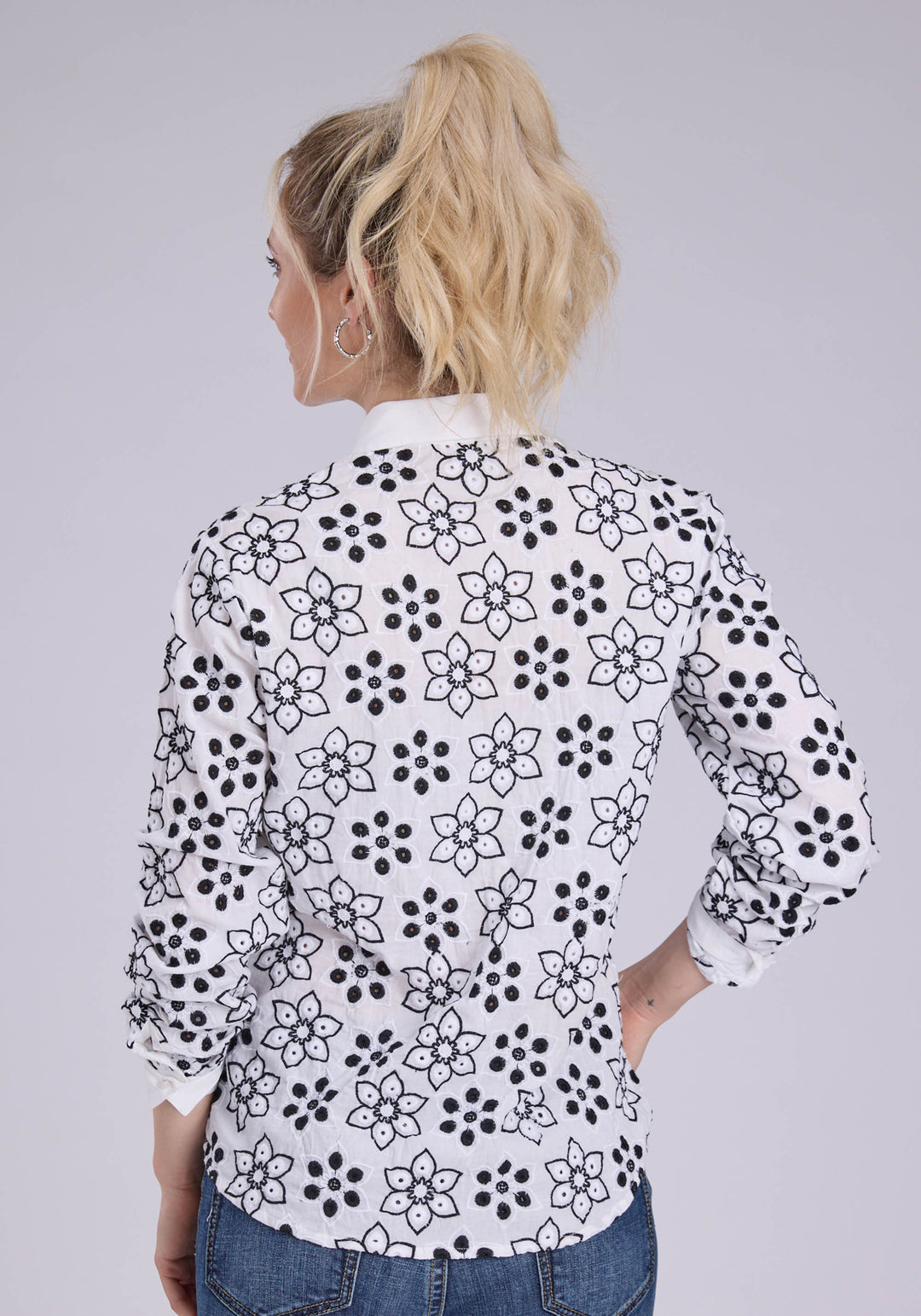 WOMENS BLACK AND WHITE EYELET SHIRT LONG SLEEVE BUTTON WESTERN SHIRT