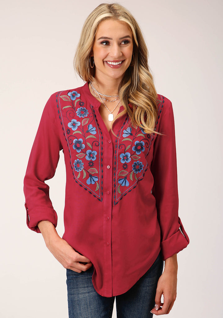 WOMENS LONG SLEEVE RASPBERRY RAYON CHALLIS  BLOUSE
